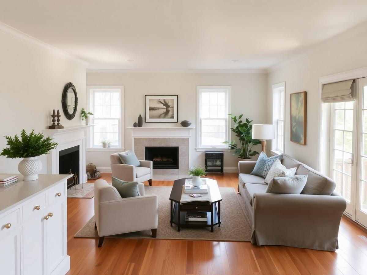 Warm, neutral New England living room interior