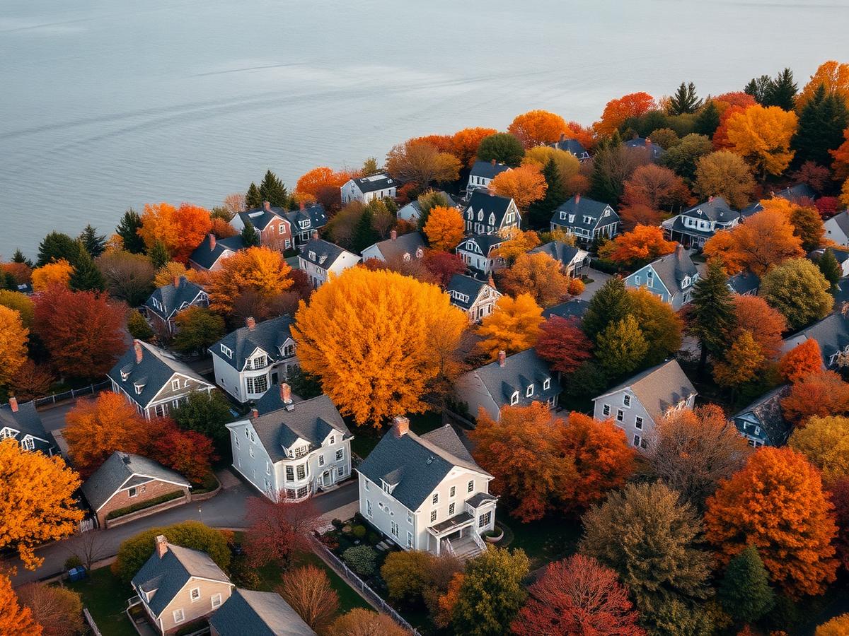 Aerial view of a New England coastal neighborhood in autumn